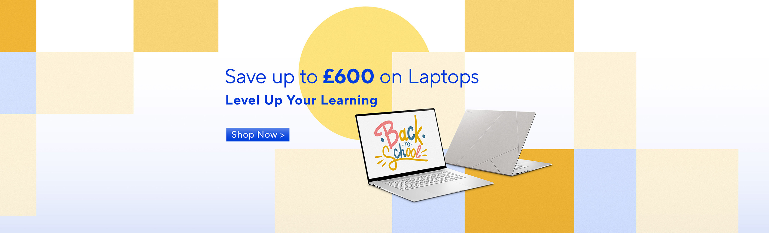2 silver laptops against pastel-coloured geometric shapes