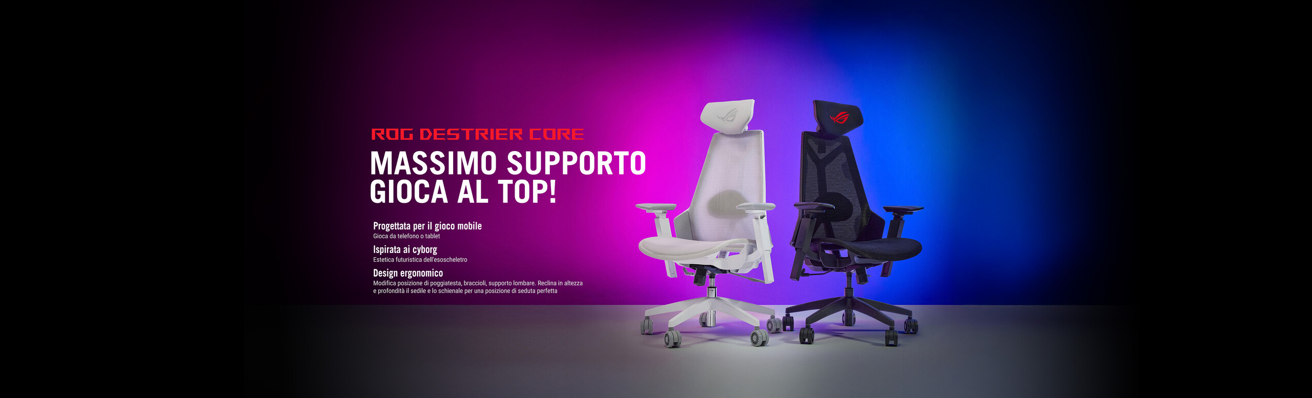 L'immagine mostra due sedute da gaming affincate tra loro, entambe in rete traspirante, una bianca, una nera