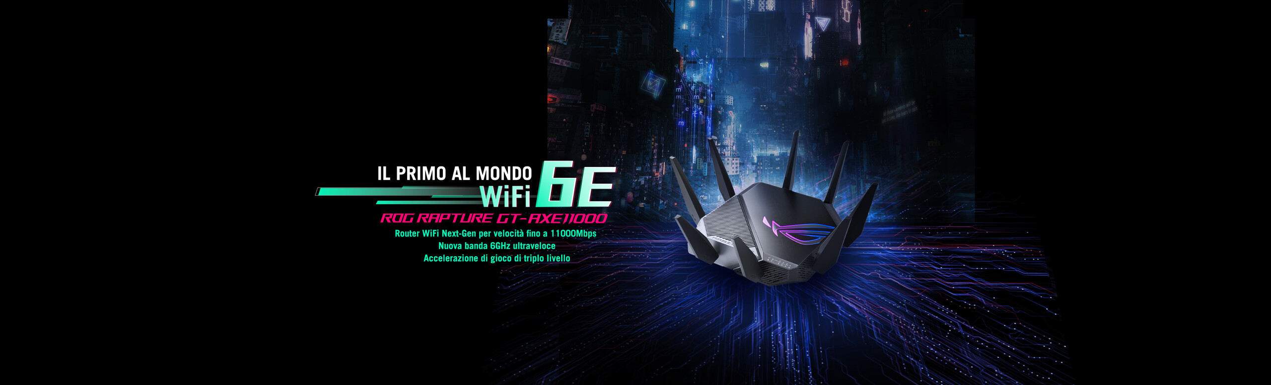L'immagine mostra un router con un design futuristico e un marchio visibile. Sullo sfondo, c'è una città illuminata da luci al neon. A sinistra, ci sono scritte in italiano che descrivono il router come il primo al mondo con WiFi 6E, nominandolo ROG Rapture GT-AXE11000. Le scritte evidenziano le capacità di velocità e la nuova banda 6GHz, insieme a un'accelerazione di gioco a triplo livello.