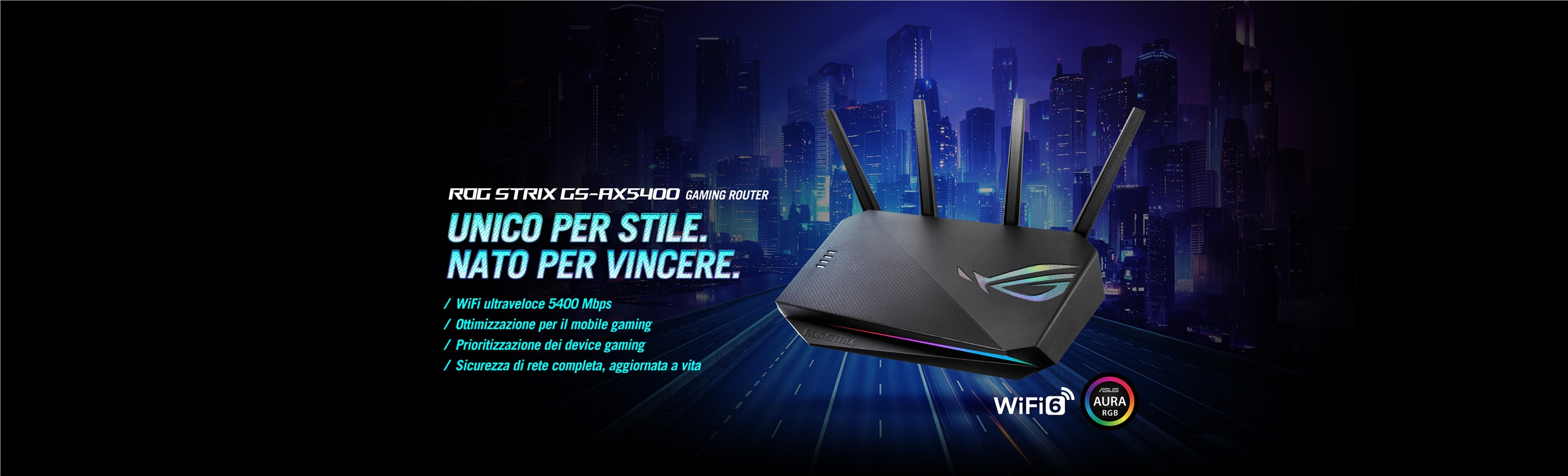 L'immagine mostra un router da gioco ROG Strix GS-AX5400. Accanto al router, c'è del testo che descrive le caratteristiche del prodotto: UNICO PER STILE. NATO PER VINCERE. Le specifiche evidenziate includono WiFi ultraveloce a 5400 Mbps, ottimizzazione per il mobiles gaming, priorizzazione dei device gaming e sicurezza di rete aggiornata a vita.