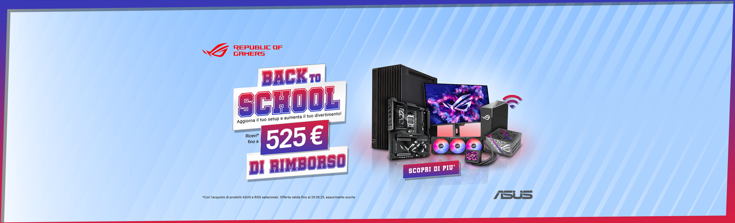 L'immagine è una tipica pubblicità di prodotti tecnologici avanzati, mirata a coloro che desiderano aggiornare il proprio setup informatico. In primo piano ci sono diversi componenti per computer, tra cui un monitor, un case, una scheda madre, ventole e unità. Lo sfondo è blu con sfumature diagonali che donano un aspetto moderno e dinamico. La promozione è relative al periodo Back To School.