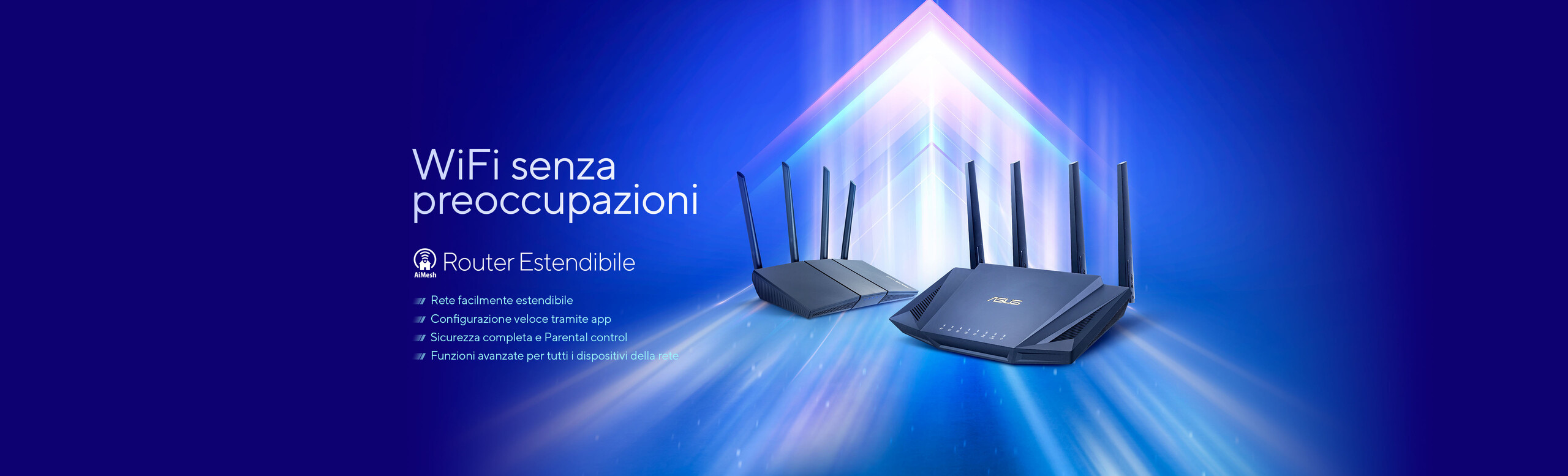 L'immagine mostra due dispositivi di rete, presumibilmente router, posizionati su uno sfondo blu con un effetto di luce. Sul lato sinistro dell'immagine c'è del testo in italiano che dice: WiFi senza preoccupazioni