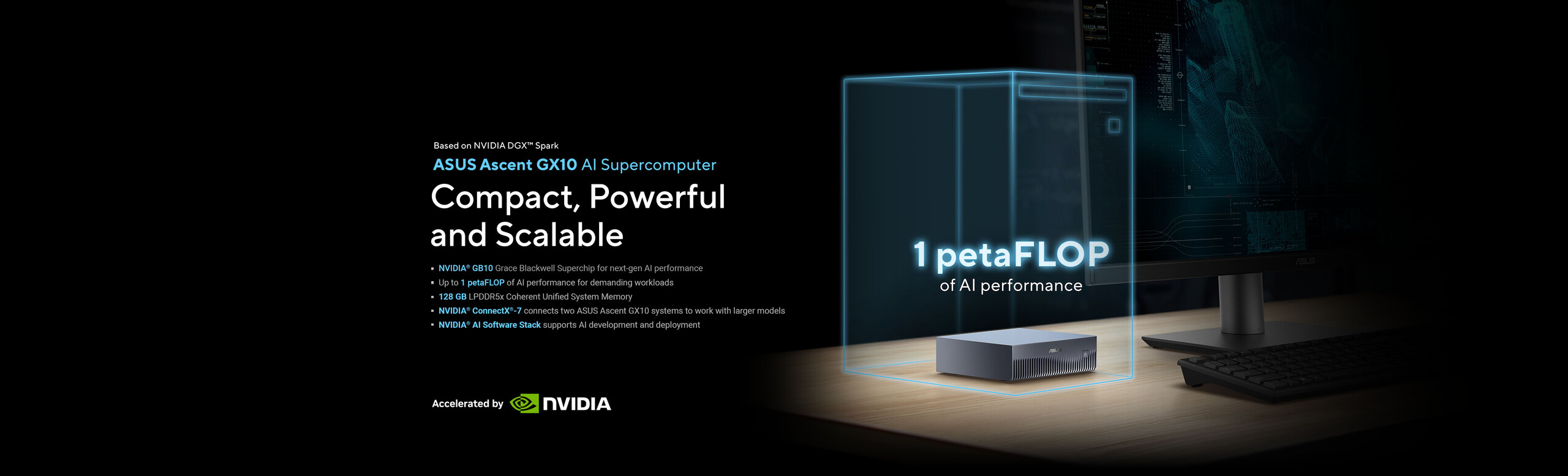 Ένας συμπαγής υπερυπολογιστής AI GX10 στο γραφείο, σε συνδυασμό με μια οθόνη.